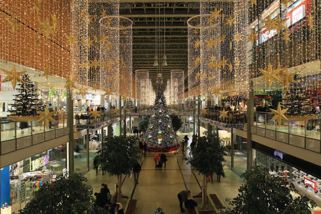 The central hall of the Arkaden shopping center in Berlin decorated for Christmas.
