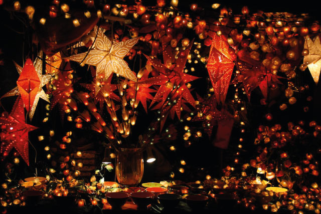 Illuminated stars and Christmas decorations.