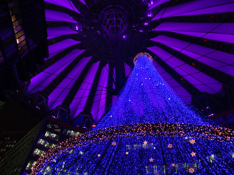 The dome of the Sony Center in Berlin illuminated during the Christmas period.