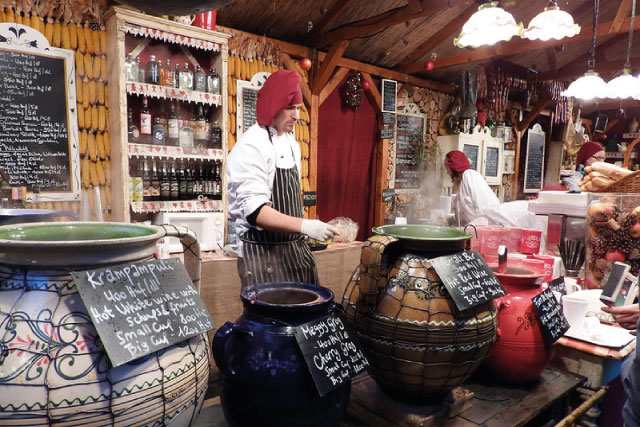 Hungarian food and typical products on sale at the Óbuda Christmas market in Budapest.