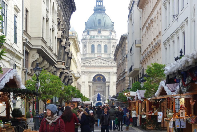 St. Stephen's Basilica in Budapest and its Christmas market.